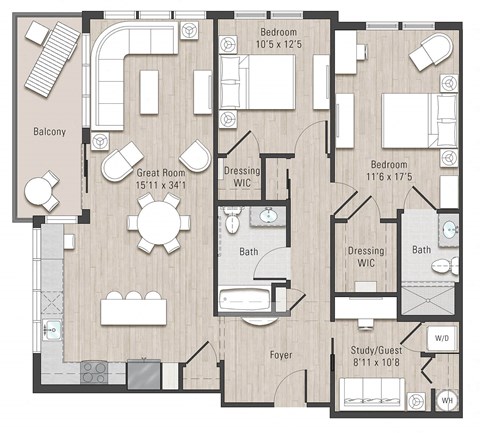 Floor plan for 2 beds, 2 baths, 1305 sqft